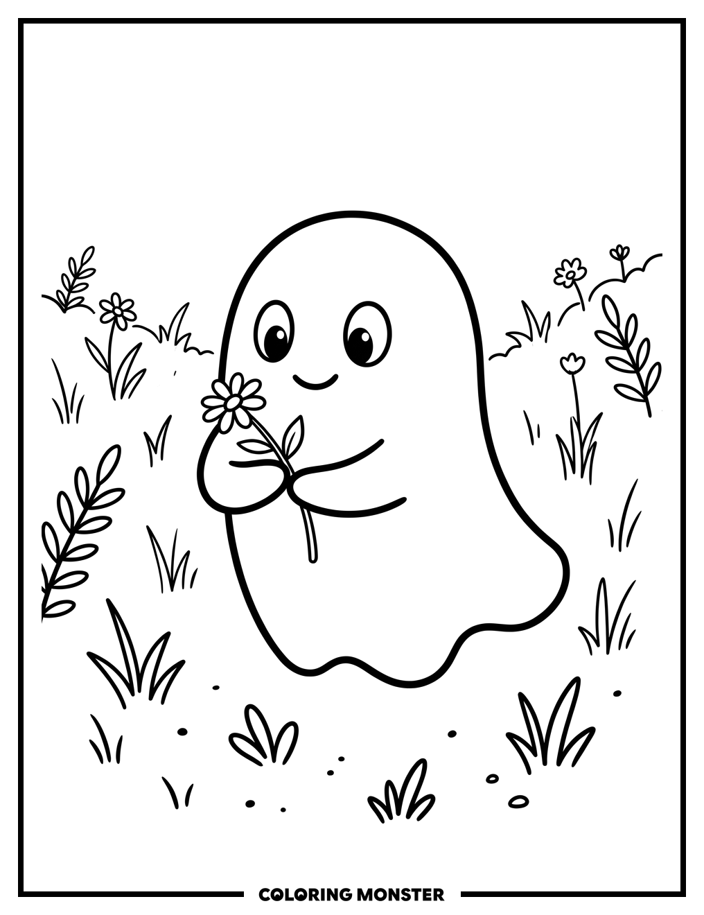 Friendly Ghost Holding a Flower Coloring Page