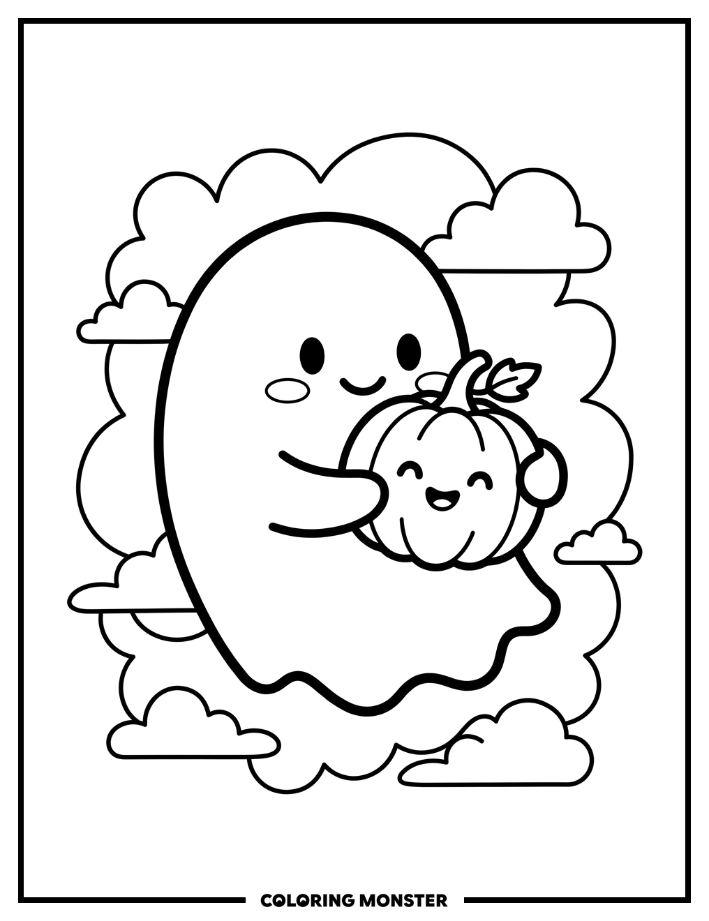 Friendly Ghost Hugging Pumpkin Coloring Page