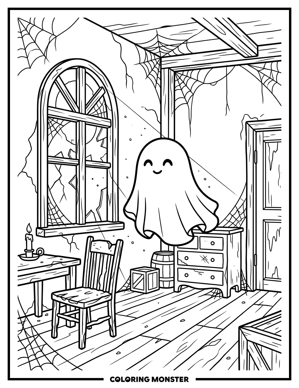Friendly Ghost in Haunted House Coloring Page