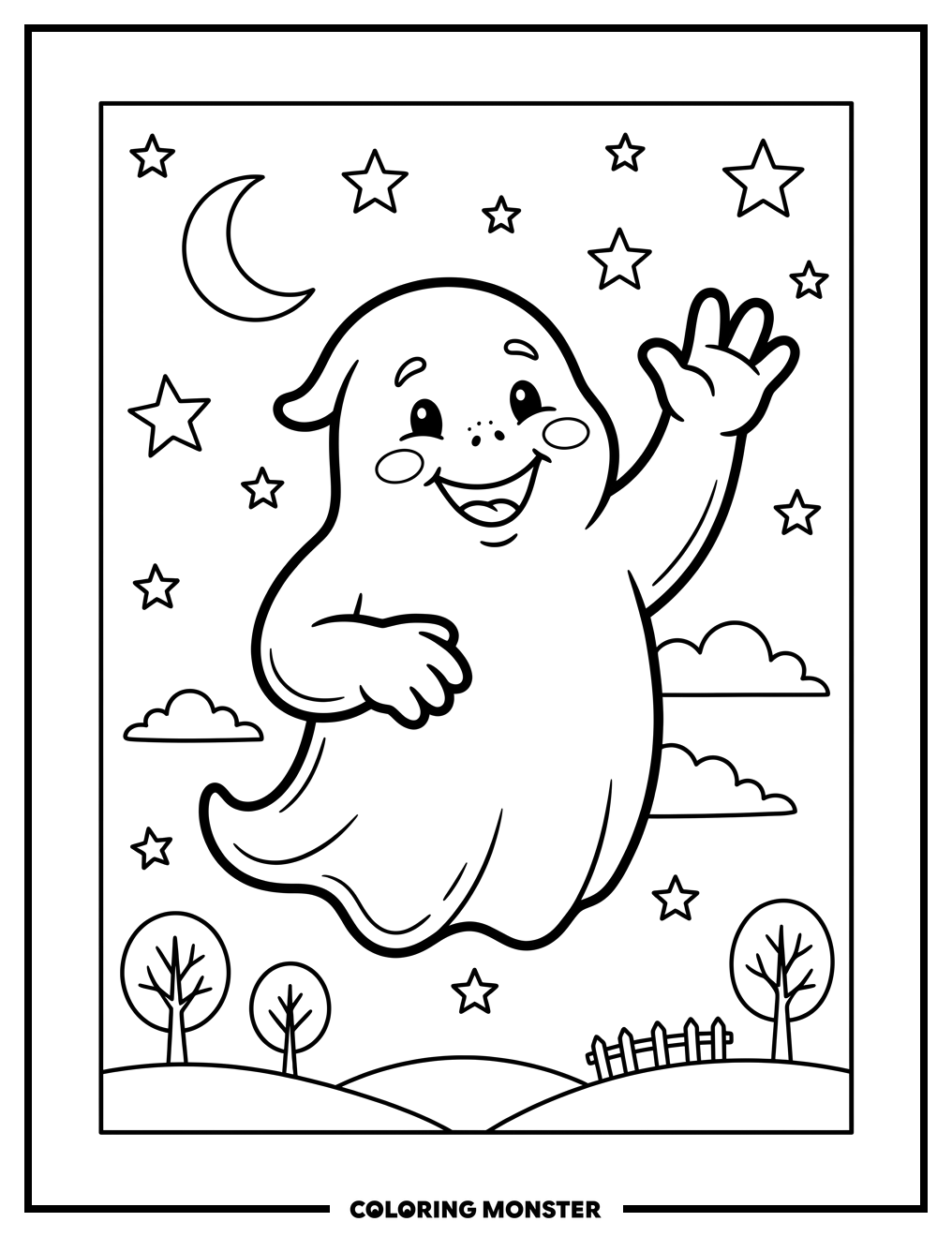 Friendly Ghost Waving Hello Coloring Page