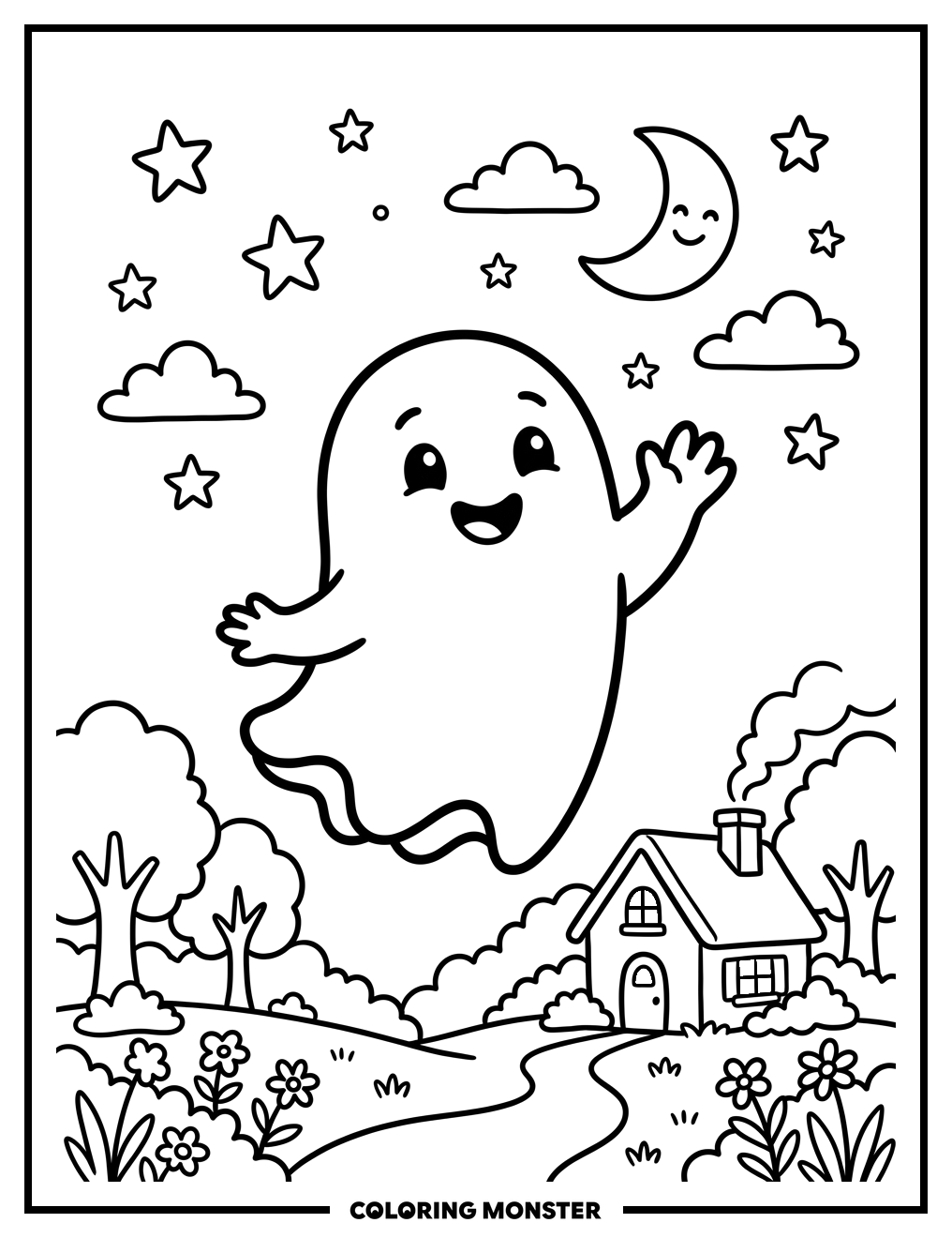 Friendly Ghost Waving Hello Coloring Page