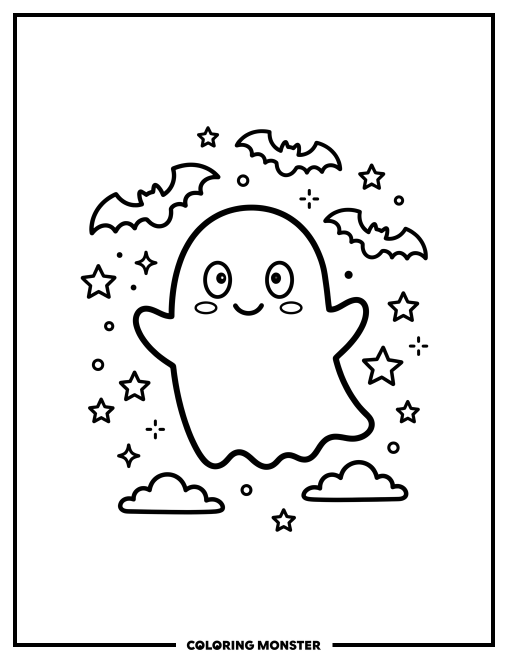 Friendly Ghost with Bats and Stars Coloring Page
