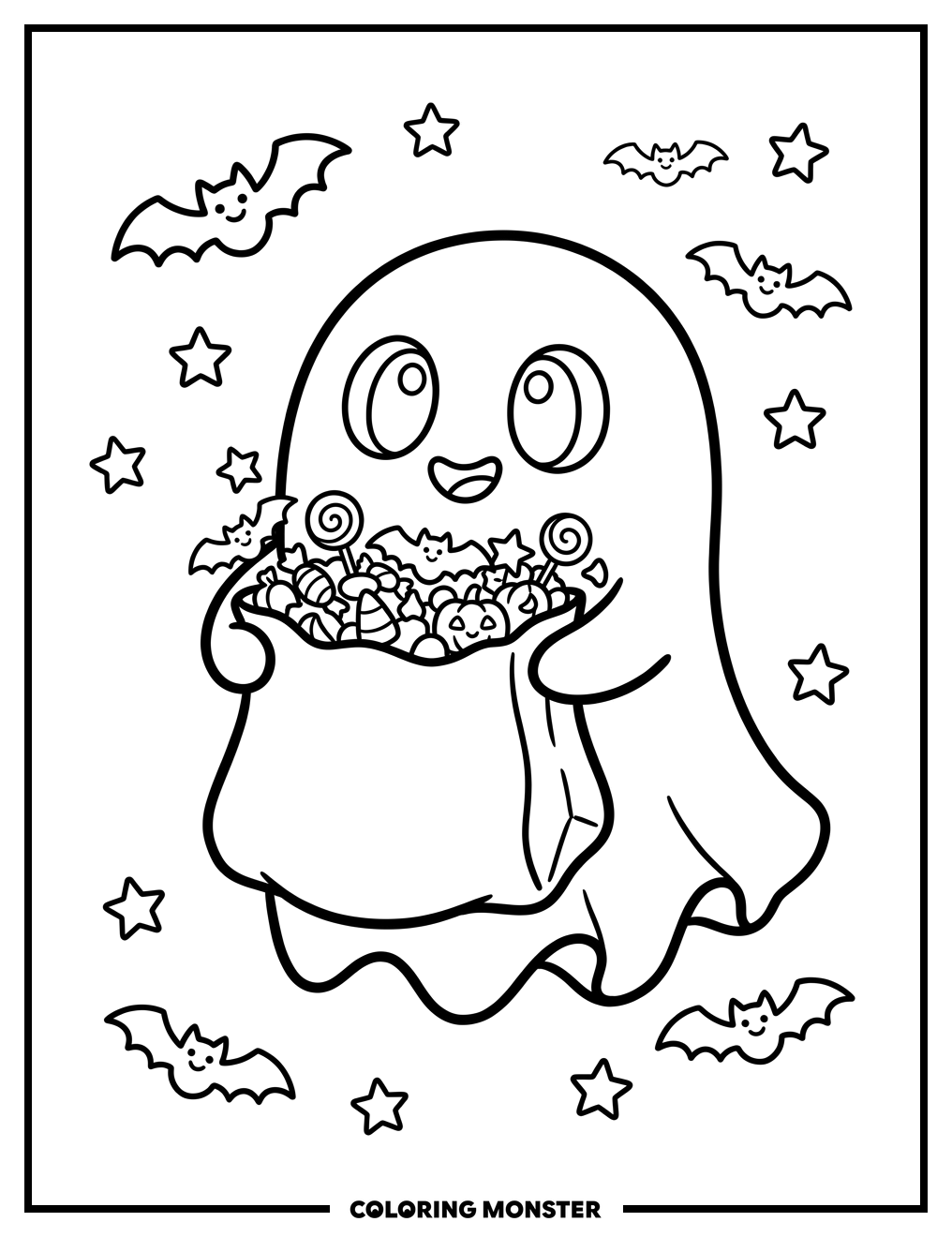 Friendly Ghost With Candy Bag Coloring Page