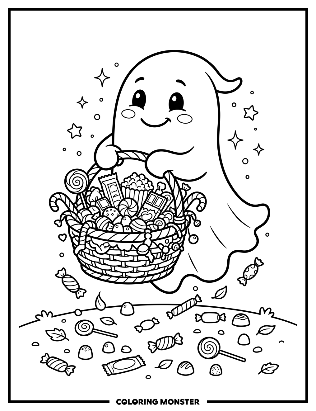 Friendly Ghost with Candy Basket Coloring Page