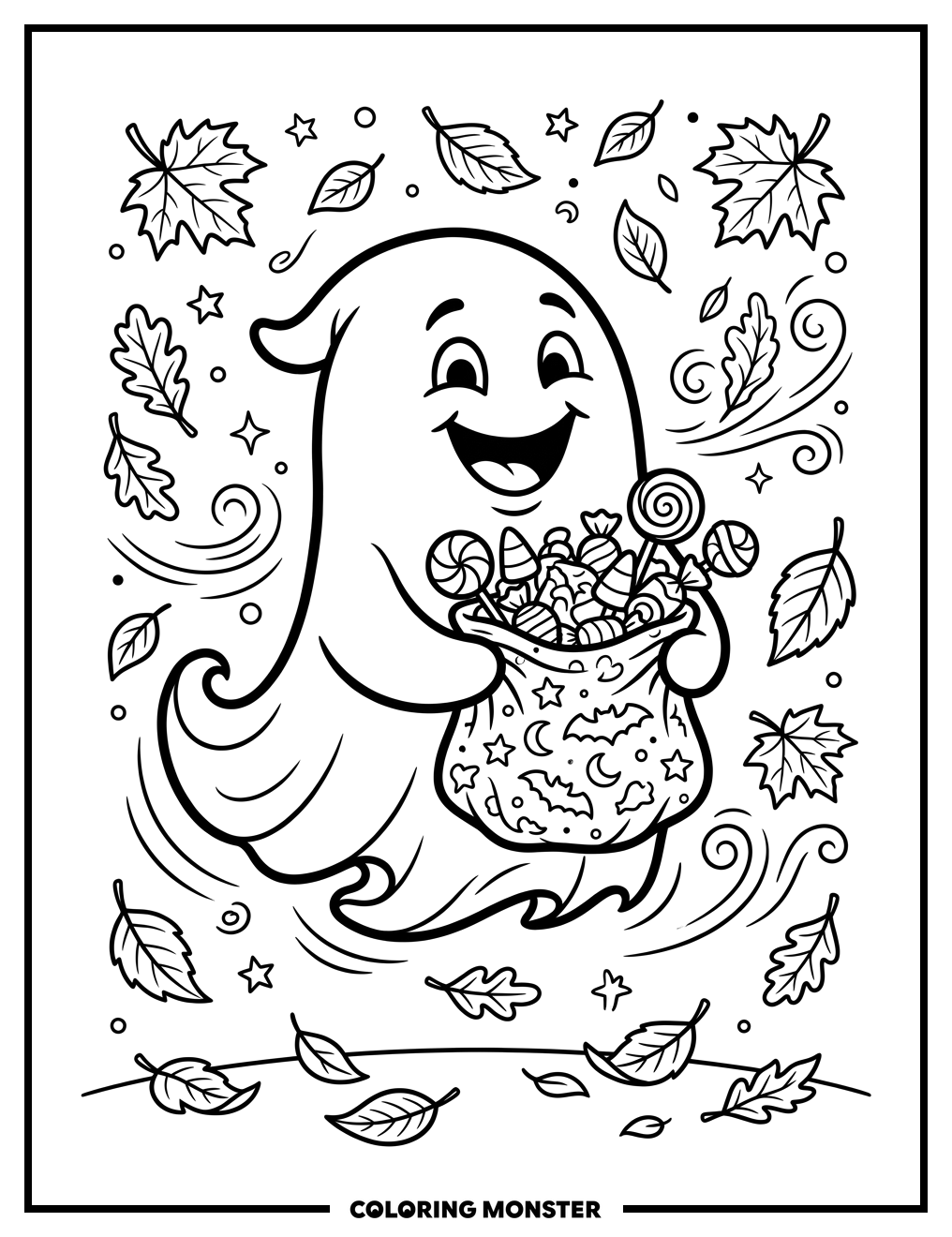 Friendly Ghost With Halloween Candy Coloring Page