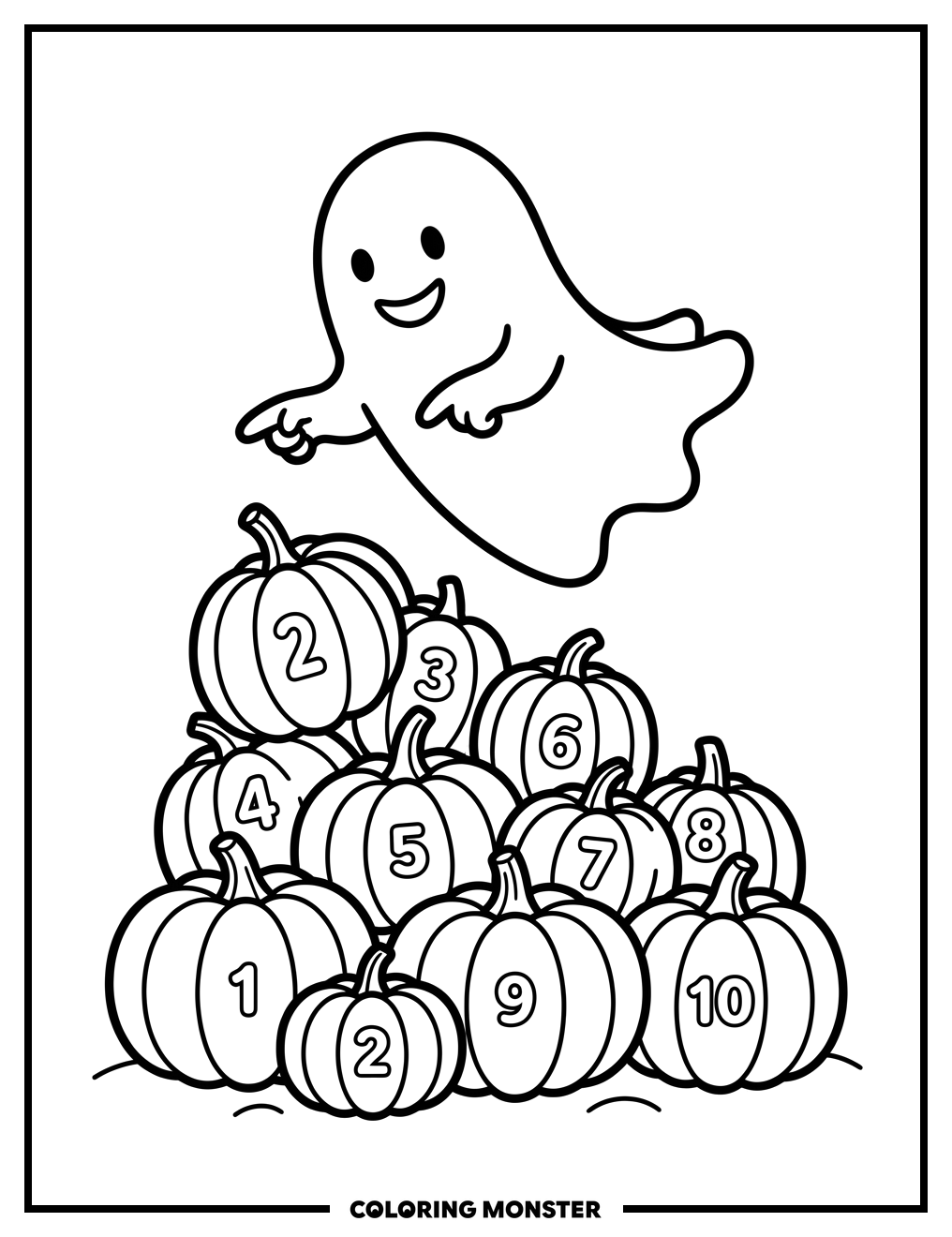 Friendly Ghost With Numbered Pumpkins Coloring Page