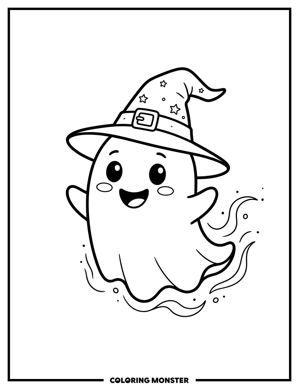 Friendly Ghost With Witch Hat Coloring Page