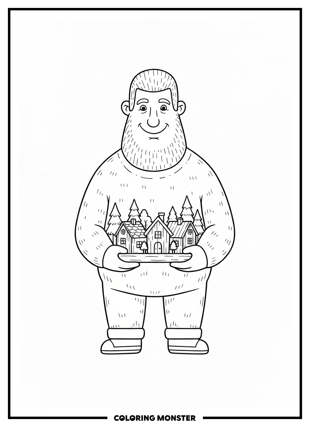 Friendly Giant Holding A Tiny Village Coloring Page