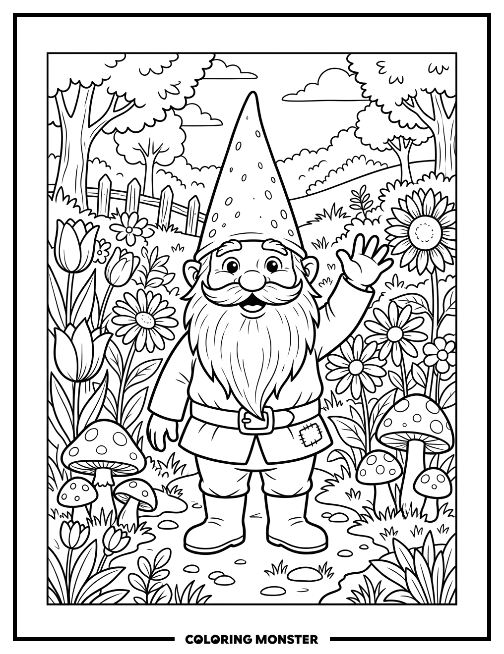 Friendly Gnome Waving in a Flower Garden Coloring Page