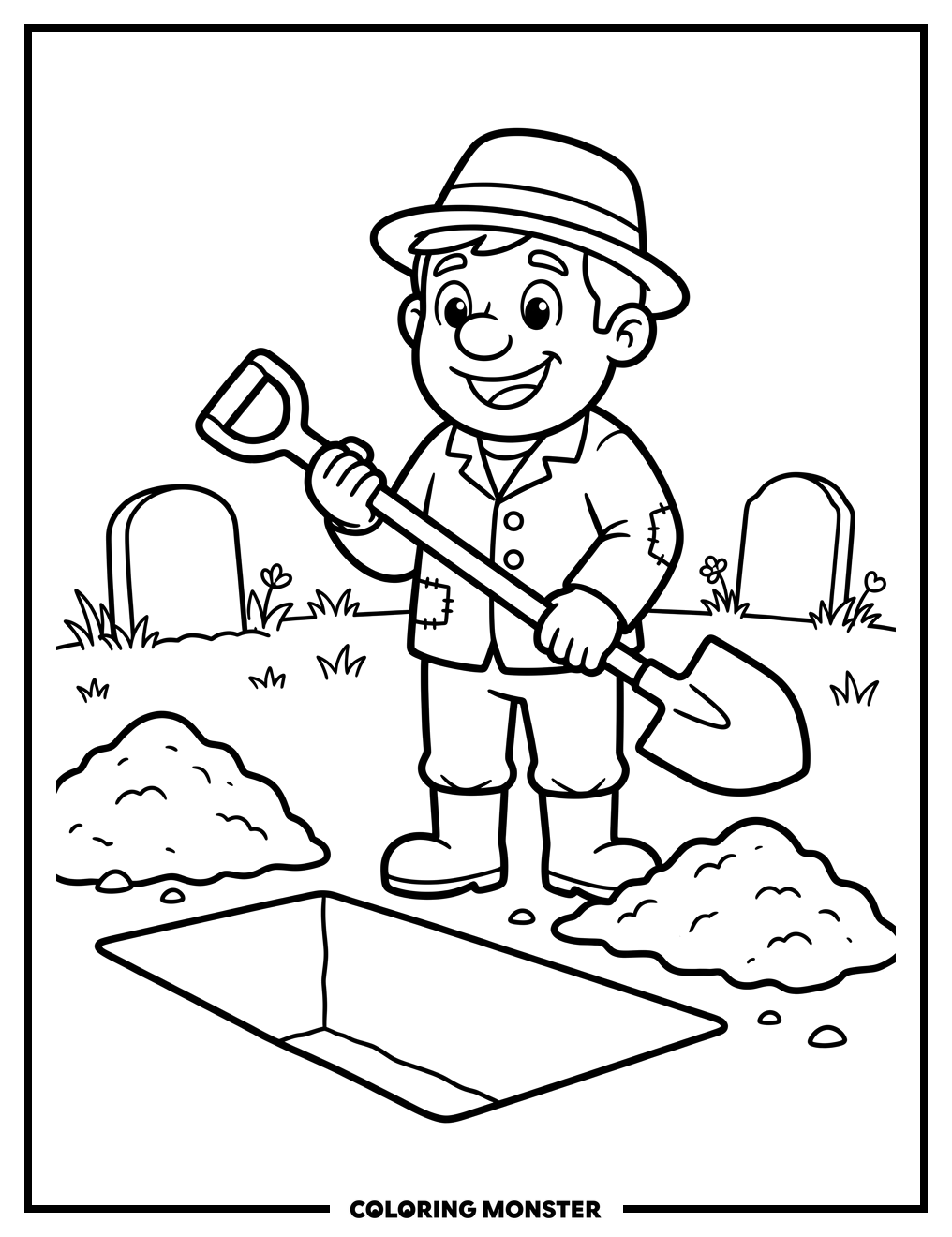 Friendly Grave Digger With Shovel Coloring Page