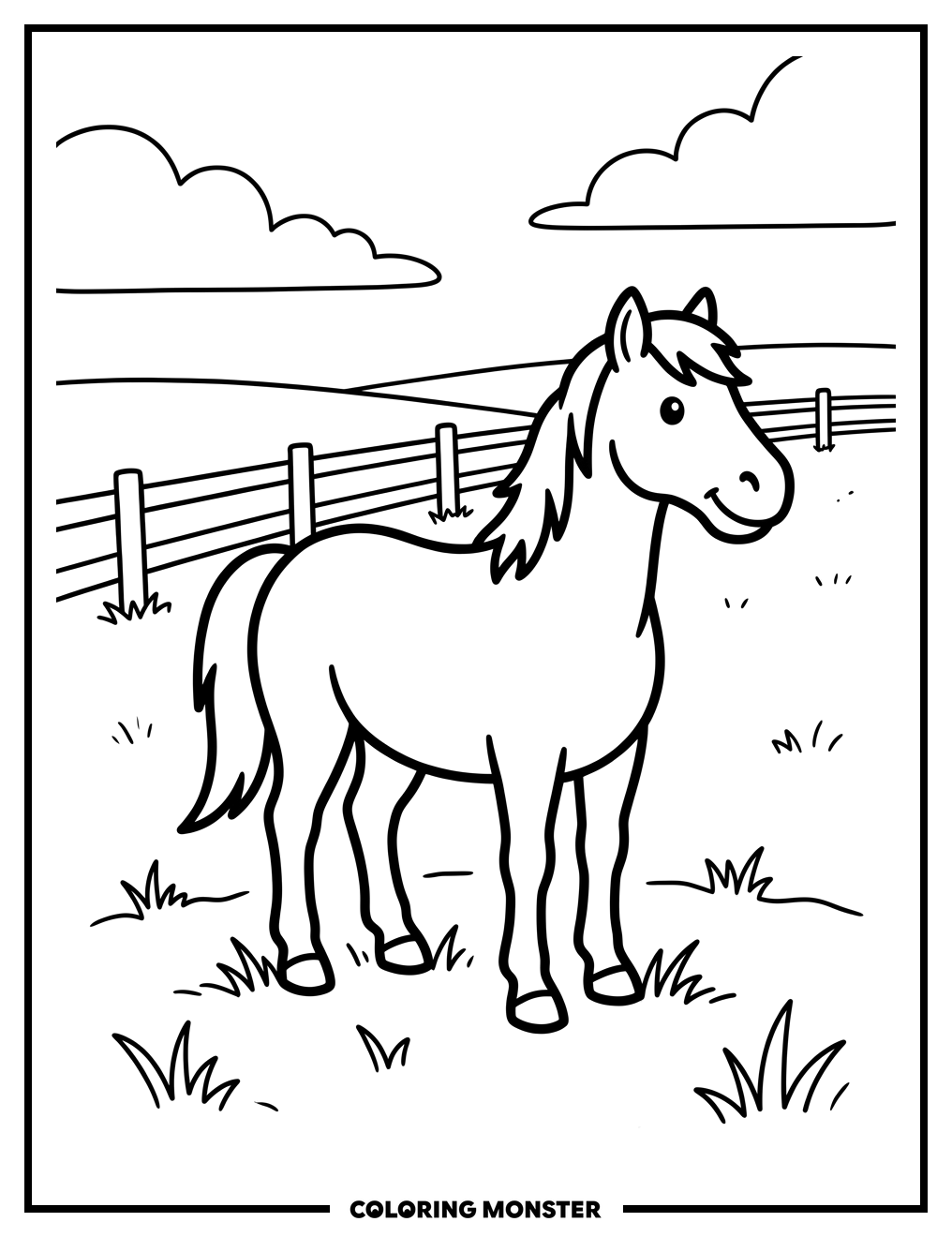 Friendly Horse in Grassy Field Coloring Page