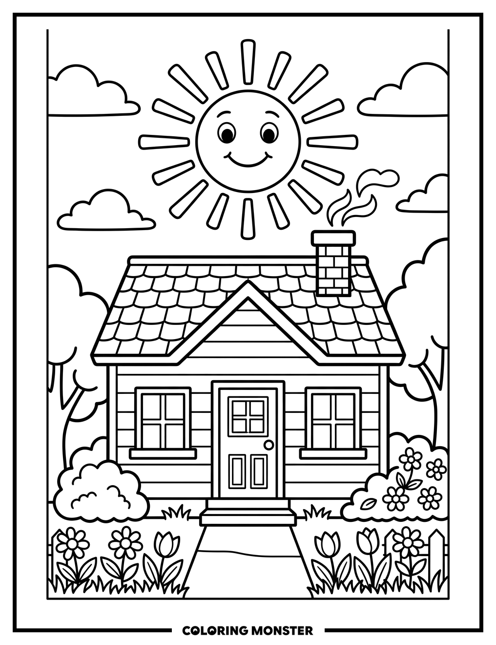 Friendly House and Smiling Sun Coloring Page