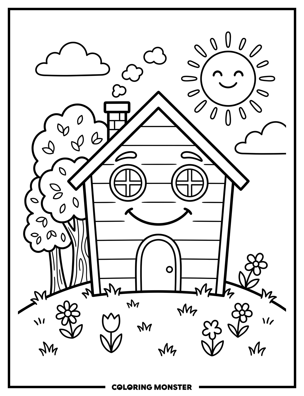 Friendly House with Smiling Sun Coloring Page