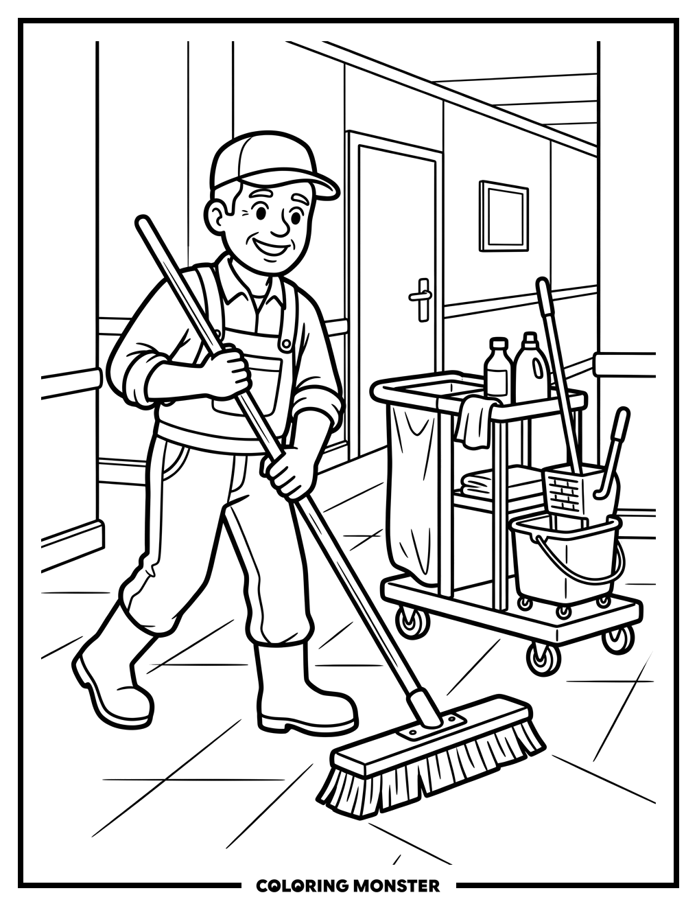 Friendly Janitor Sweeping Hallway Coloring Page
