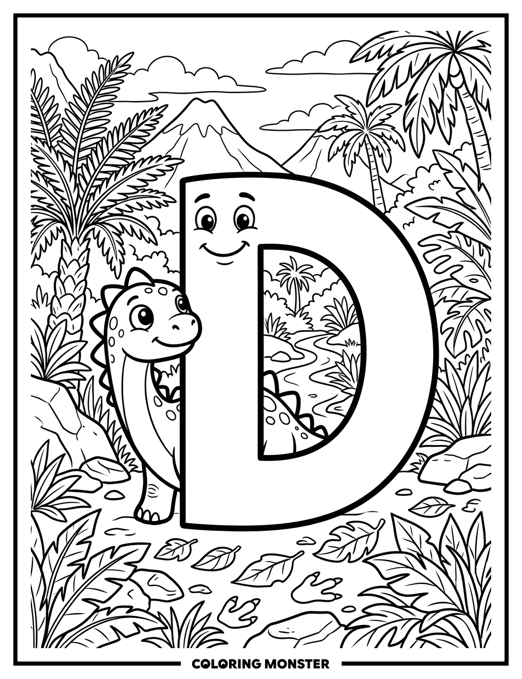Friendly Letter D in Prehistoric Jungle Coloring Page