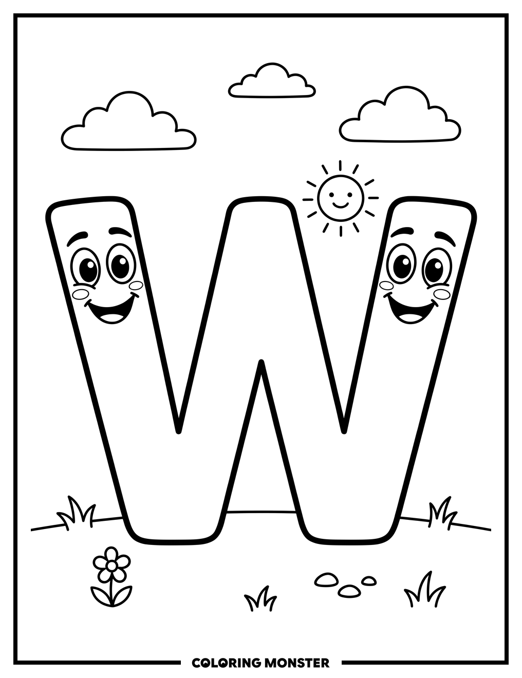 Friendly Letter W Character Coloring Page