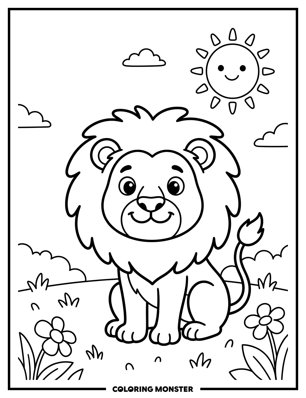 Friendly Lion in Grassy Field Coloring Page