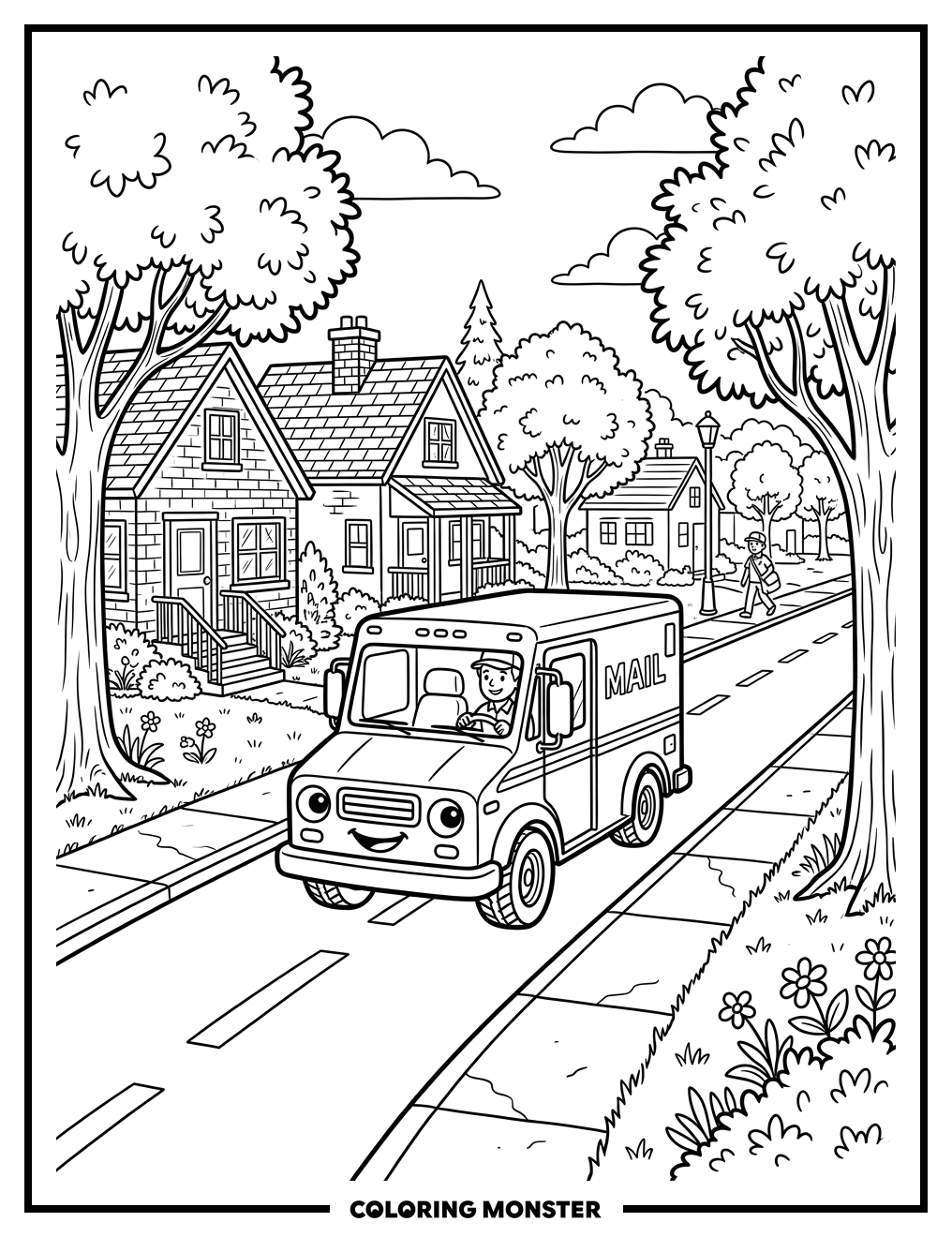 Friendly Mail Truck on Suburban Street Coloring Page