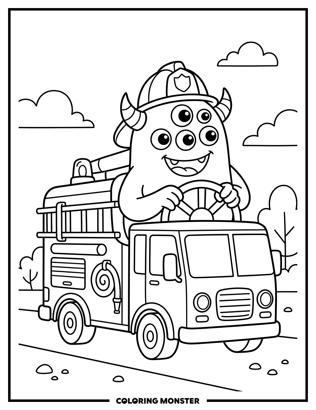 Friendly Monster Drives Fire Truck Coloring Page