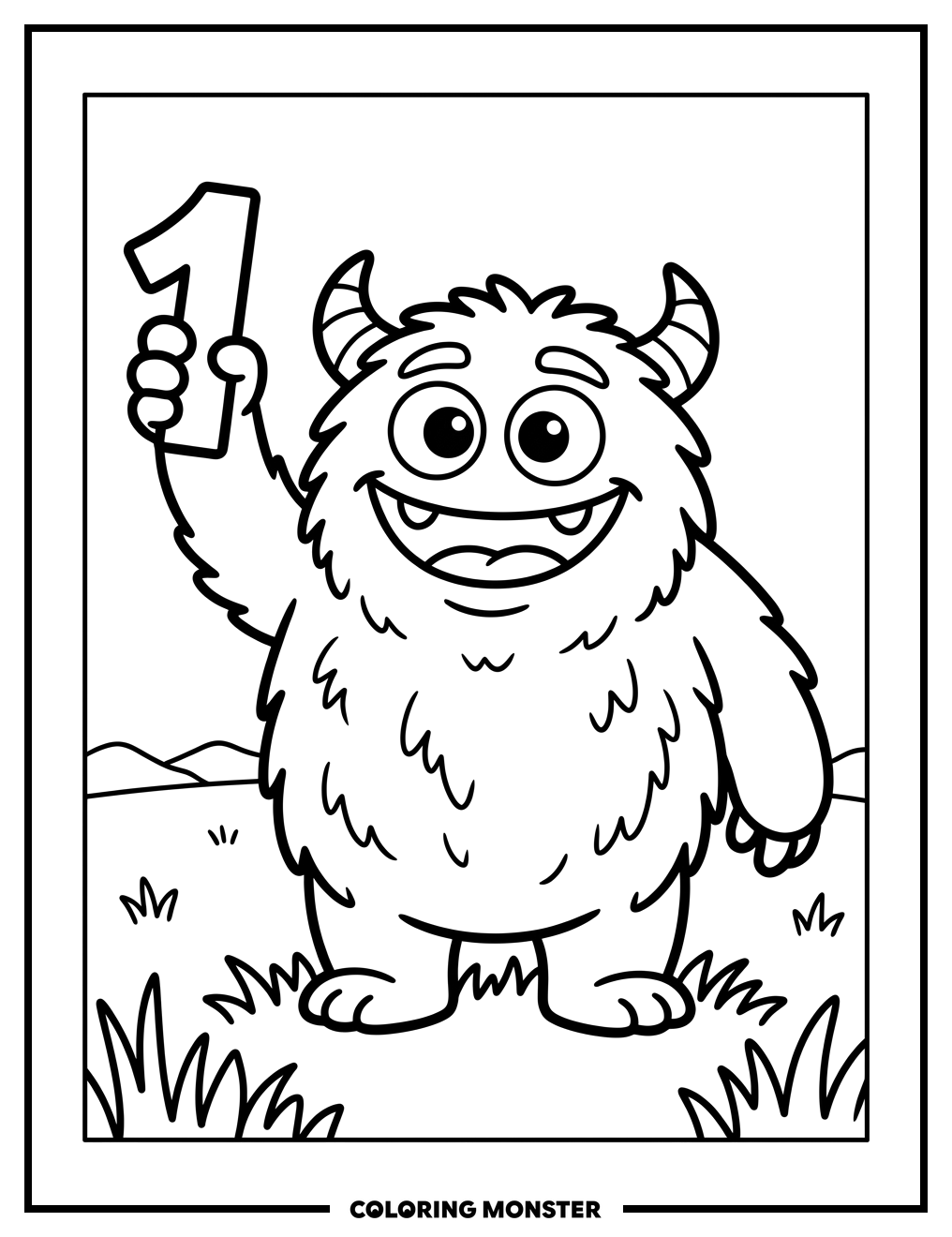 Friendly Monster Holding Up Number One Coloring Page