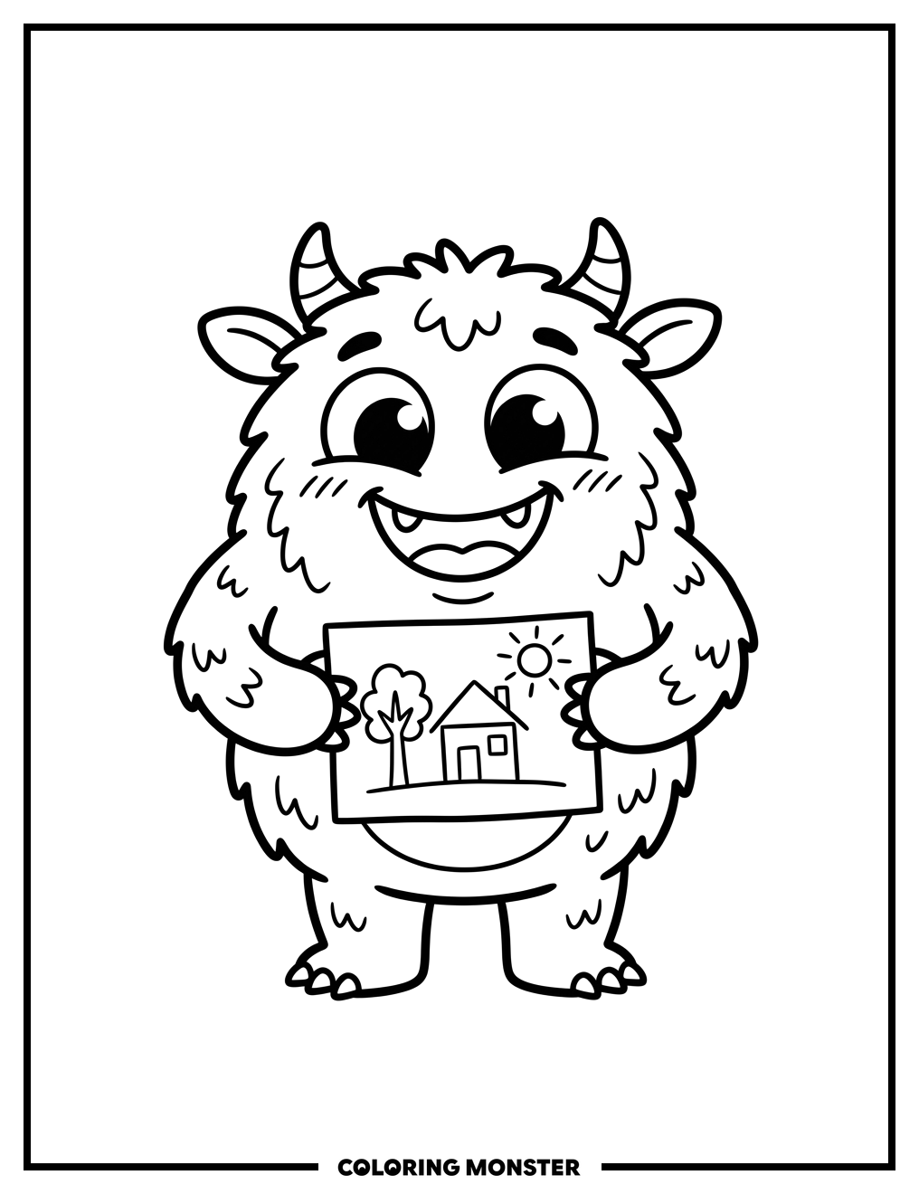 Friendly Monster Holds Up Drawing Coloring Page