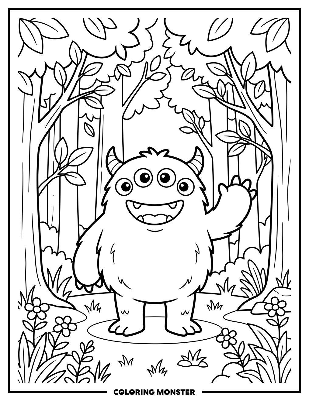 Friendly Monster in Forest Clearing Coloring Page