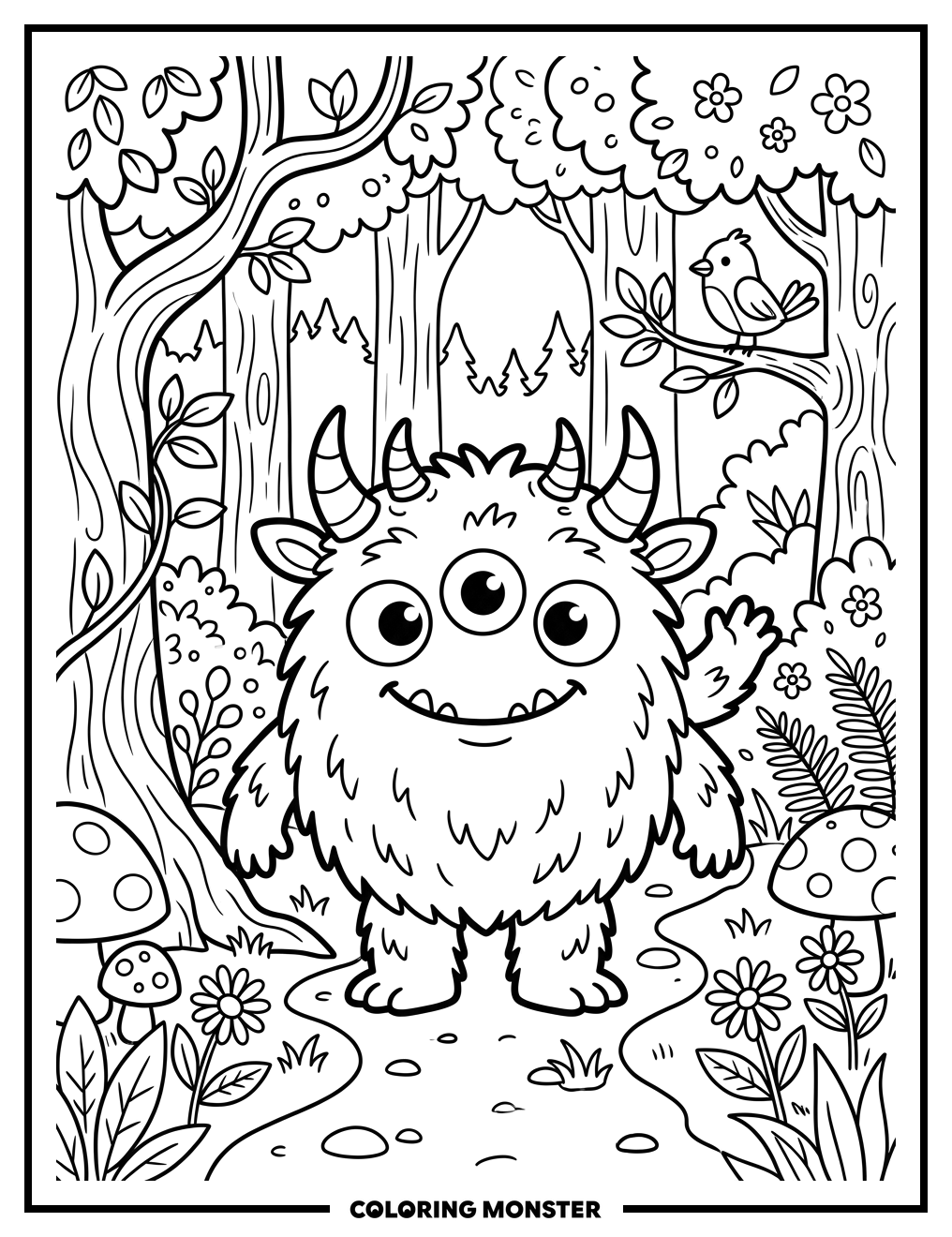Friendly Monster in Whimsical Forest Coloring Page