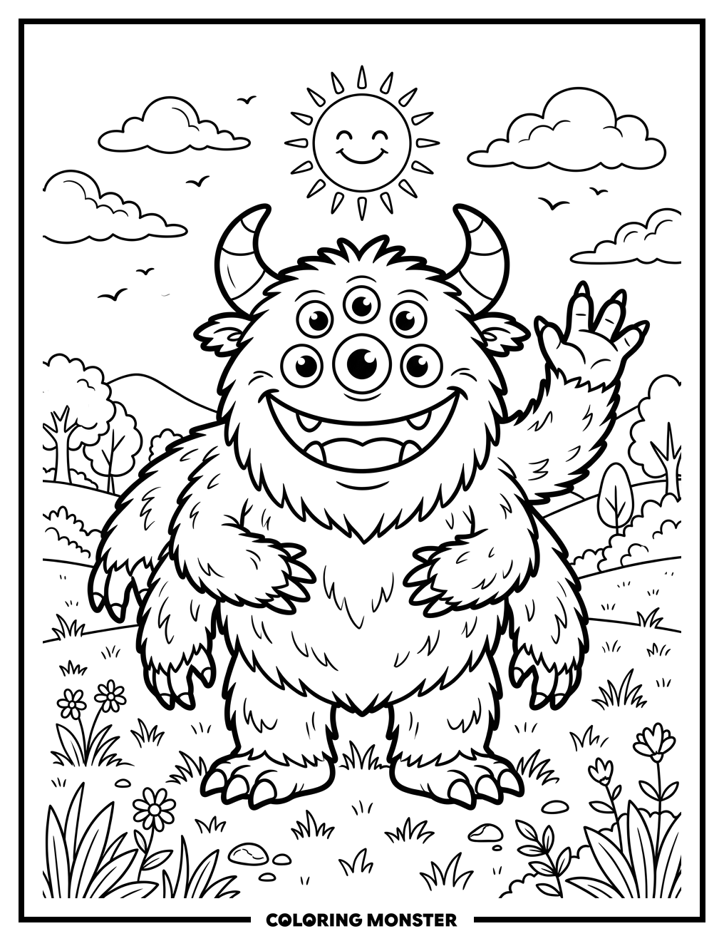 Friendly Monster Waving Hello Coloring Page