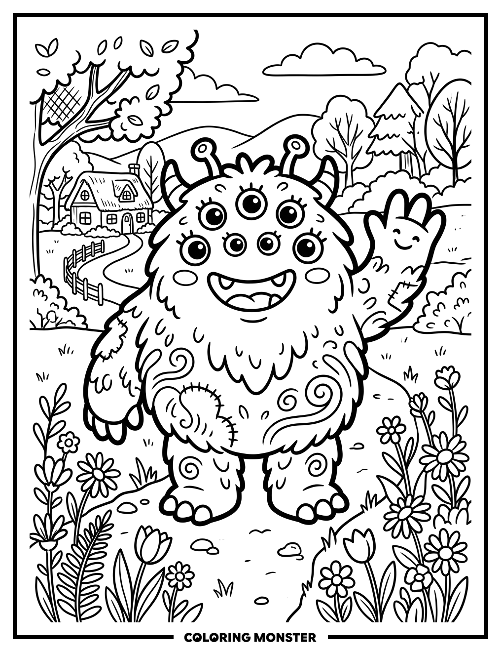 Friendly Monster Waving Hello Coloring Page