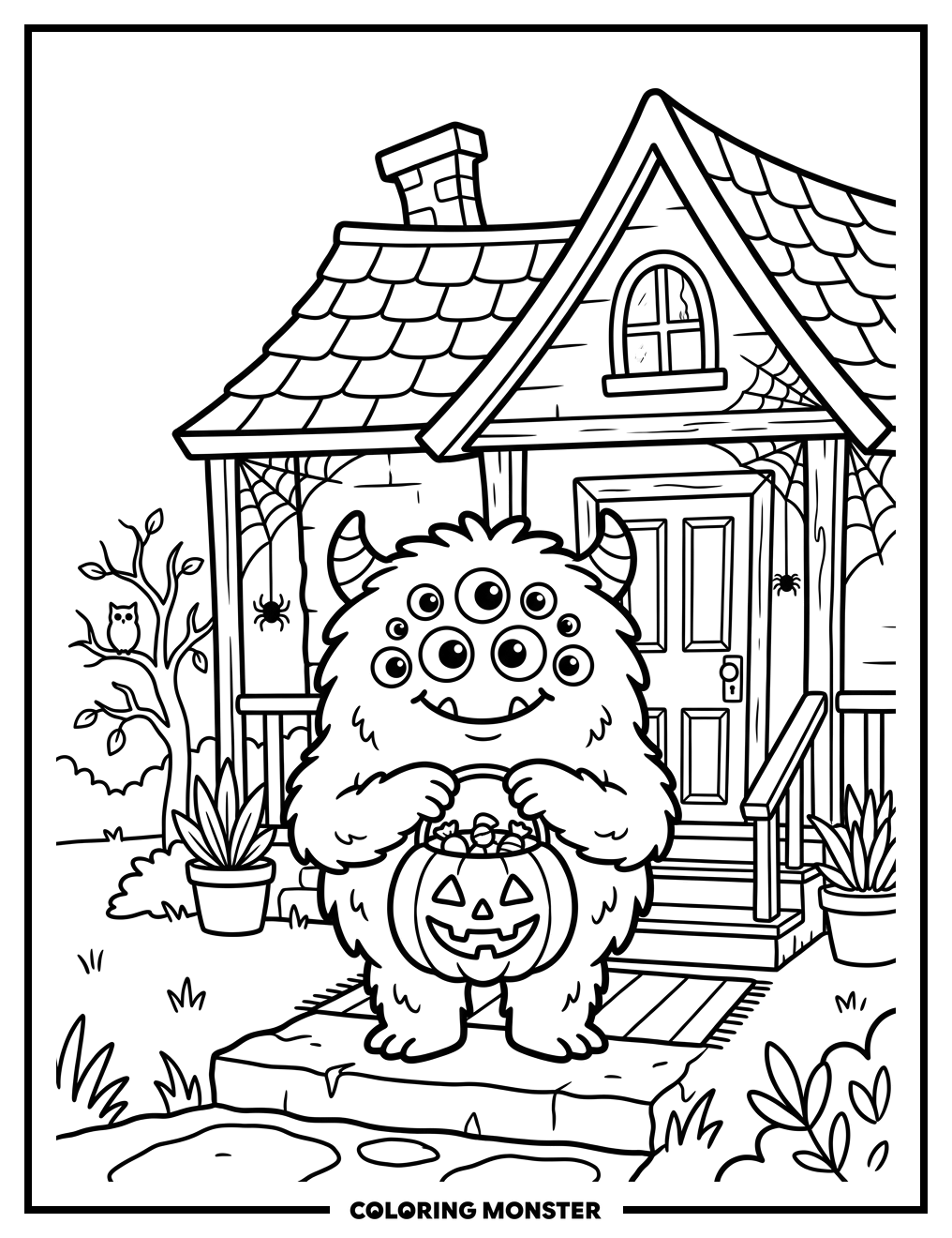Friendly Monster With Candy Bucket Coloring Page