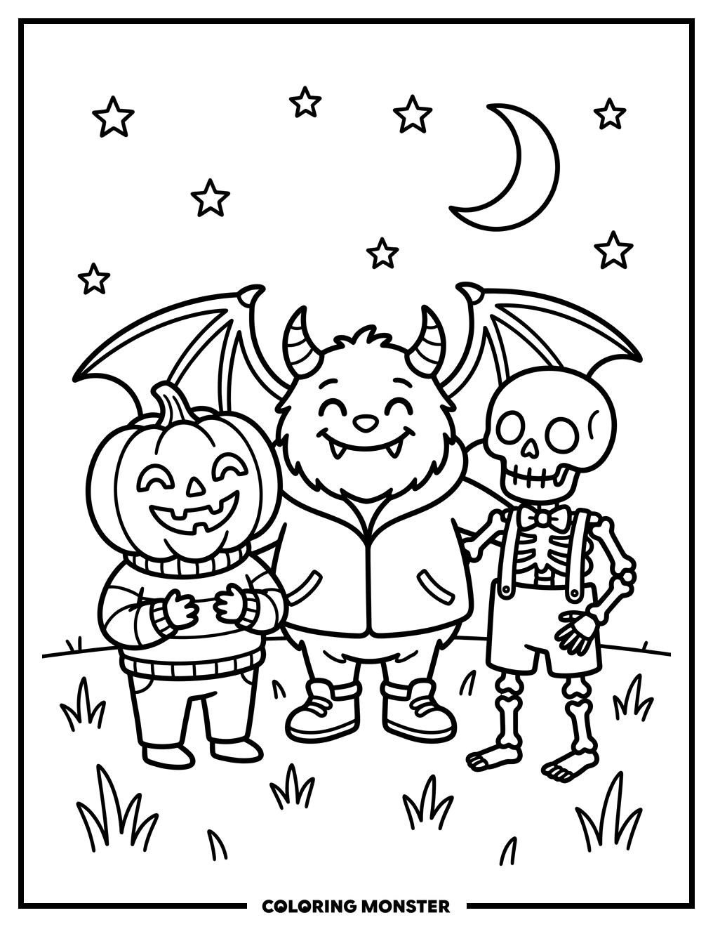 Friendly Monsters Gather Under the Moon Coloring Page