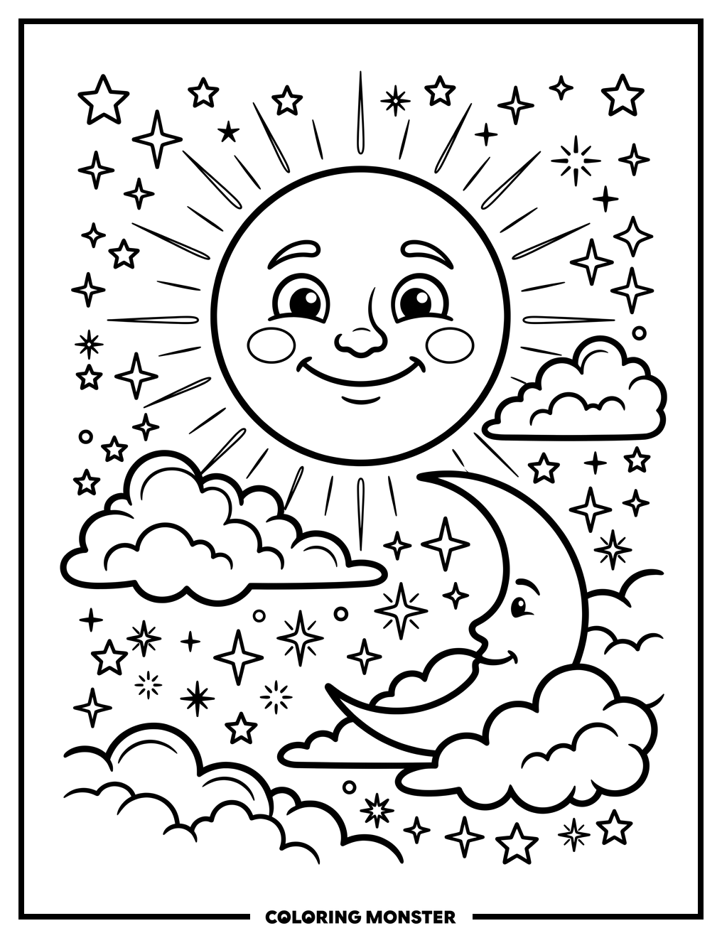 Friendly Moon and Stars in Night Sky Coloring Page