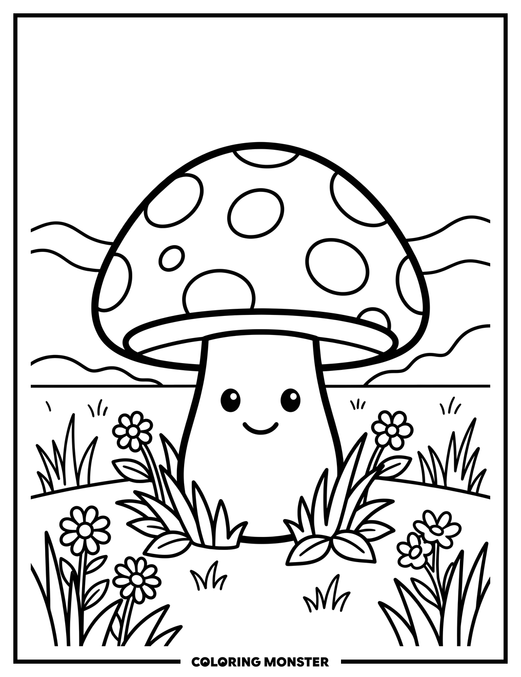 Friendly Mushroom in Field Coloring Page