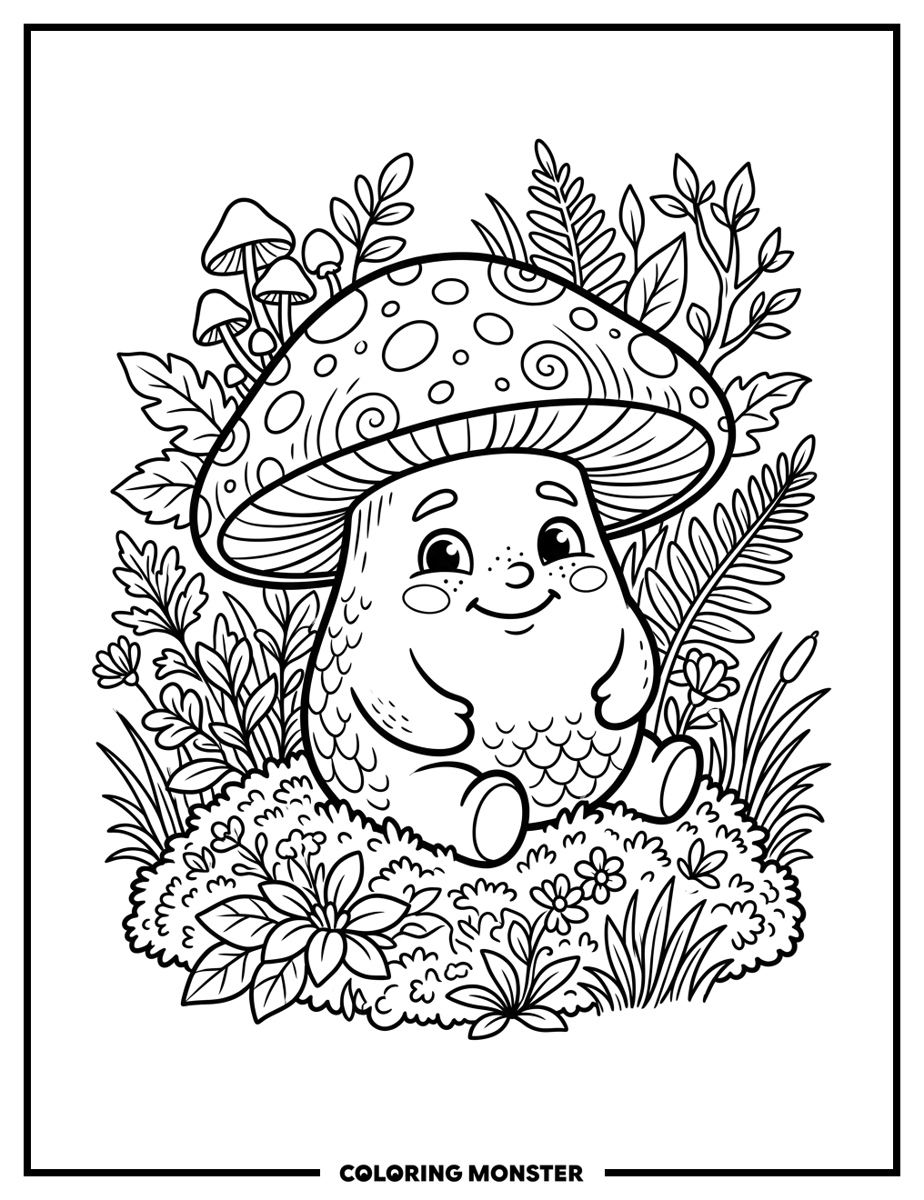 Friendly Mushroom in Moss Coloring Page