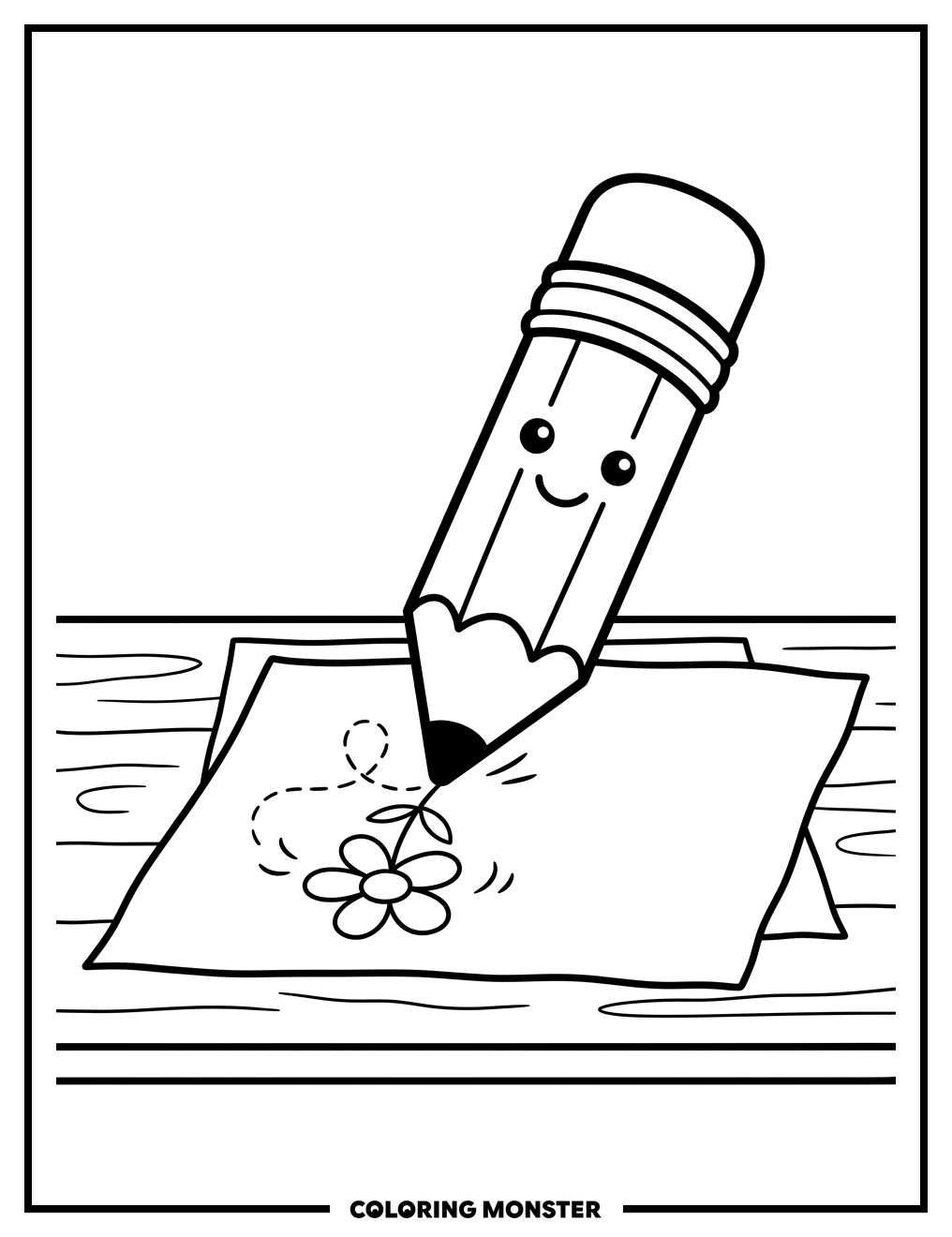Friendly Pencil Draws a Flower Coloring Page