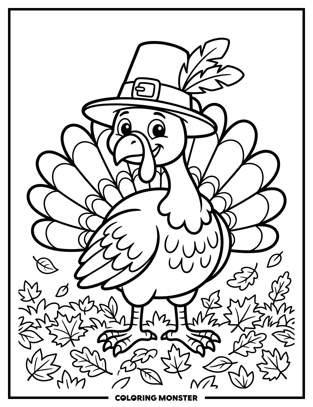 Friendly Pilgrim Turkey With Autumn Leaves Coloring Page