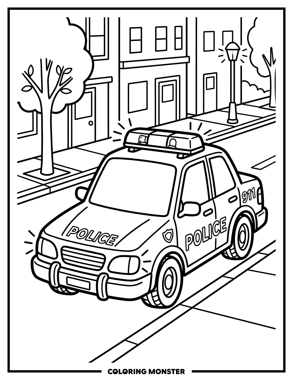 Friendly Police Car on Street Coloring Page