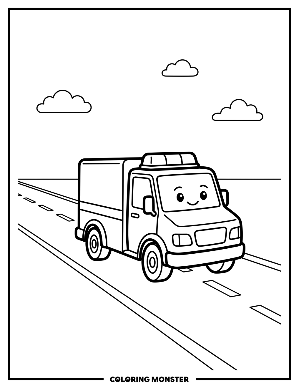 Friendly Police Truck on Road Coloring Page
