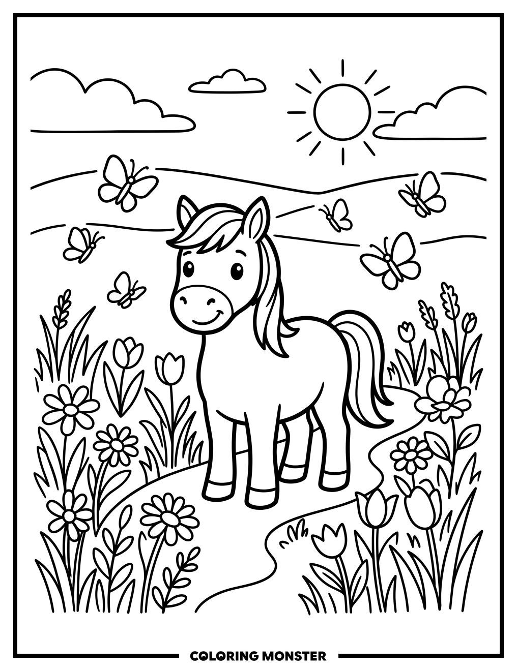 Friendly Pony in a Wildflower Meadow Coloring Page