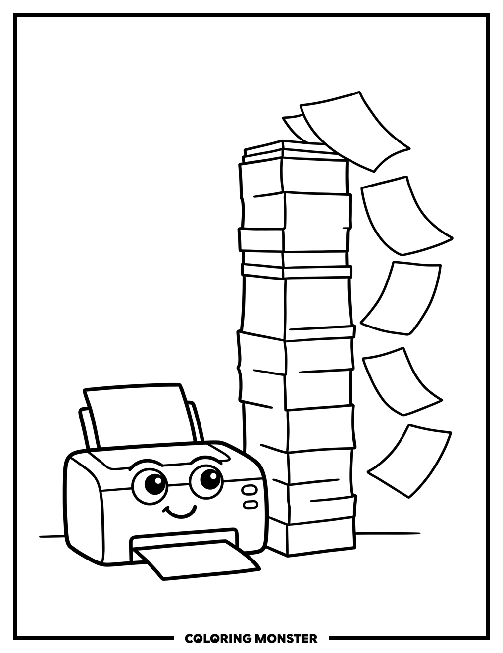 Friendly Printer and Paper Stack Coloring Page