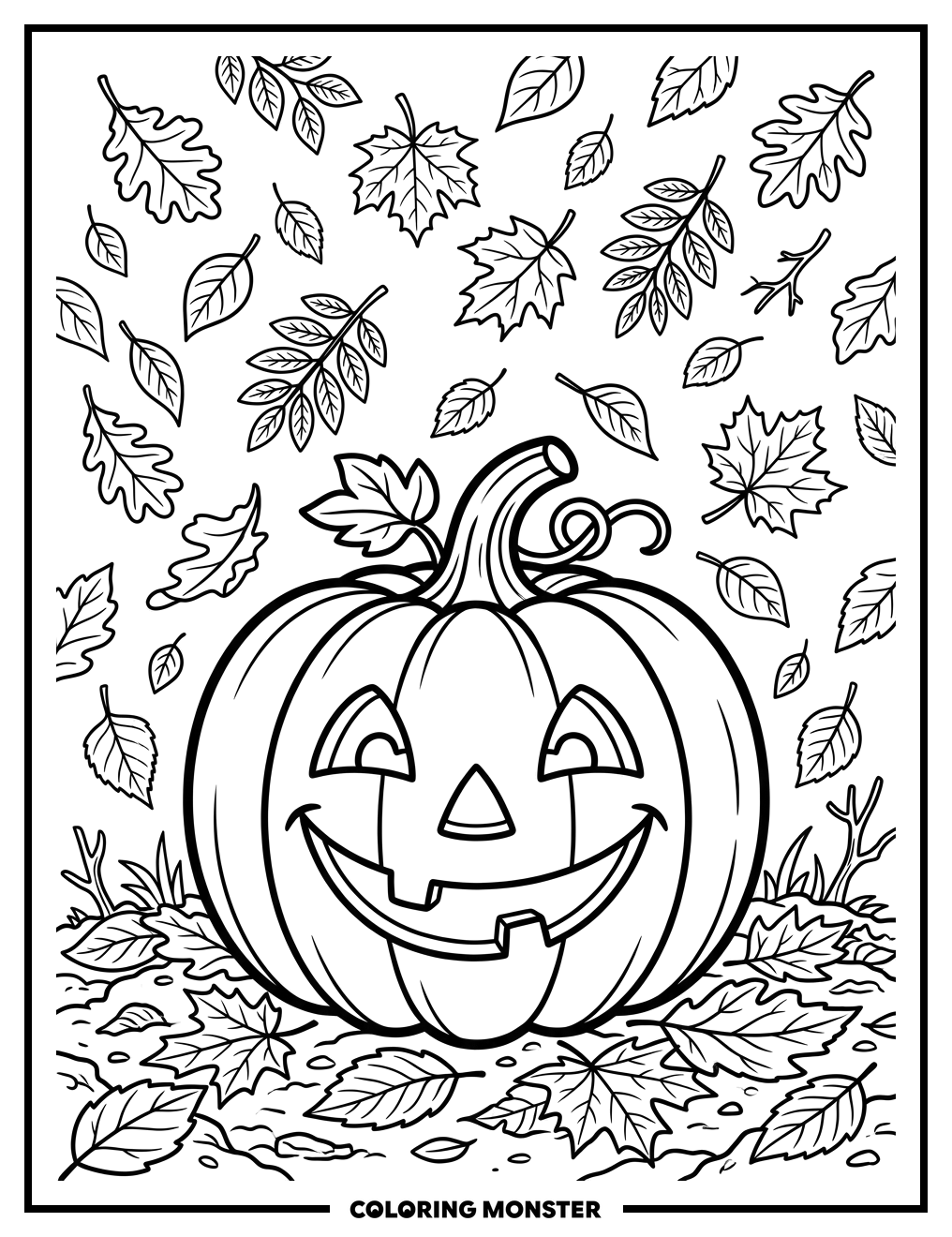 Friendly Pumpkin Among Autumn Leaves Coloring Page