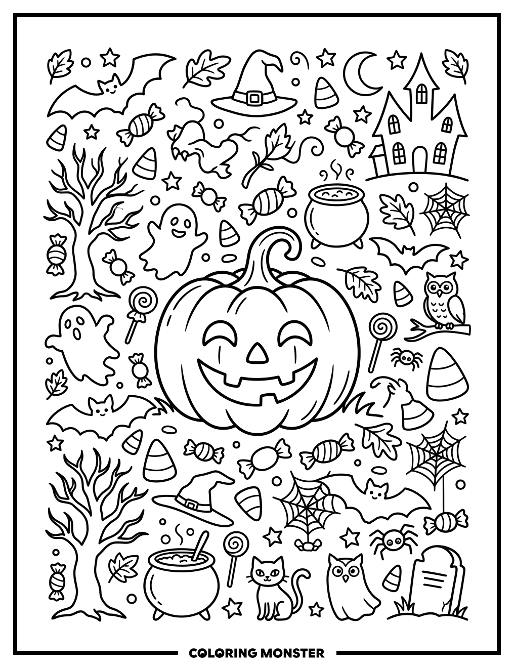 Friendly Pumpkin Halloween Scene Coloring Page