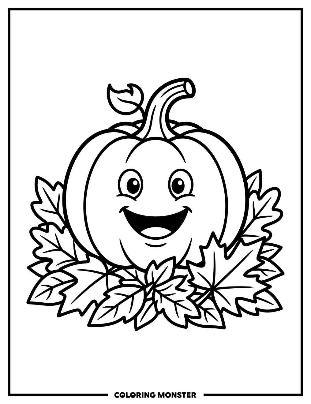 Friendly Pumpkin with Autumn Leaves Coloring Page