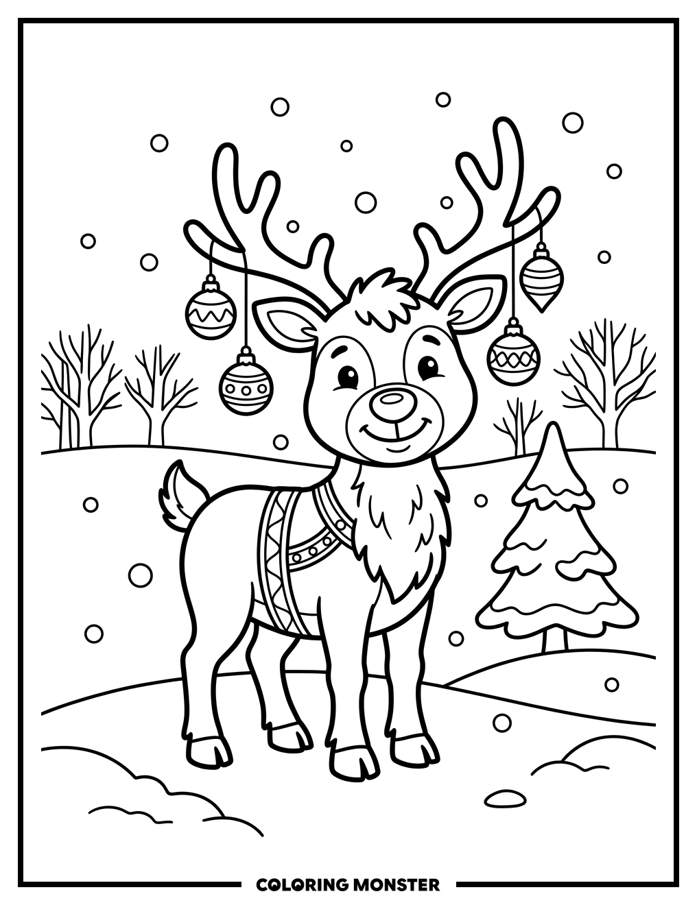 Friendly Reindeer in Snowy Landscape Coloring Page