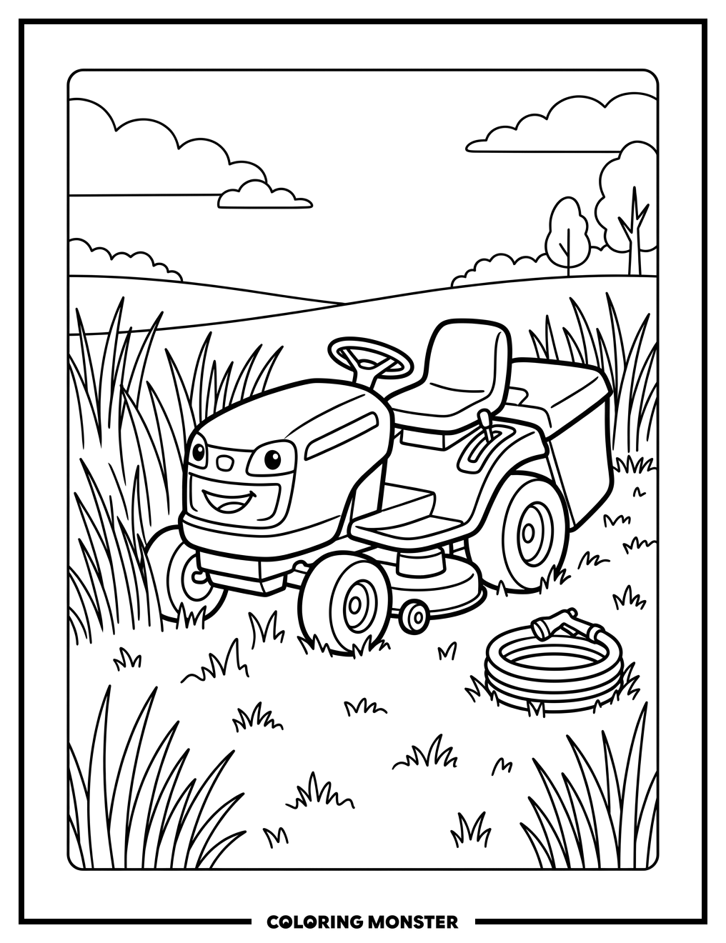 Friendly Riding Lawnmower On A Green Lawn Coloring Page