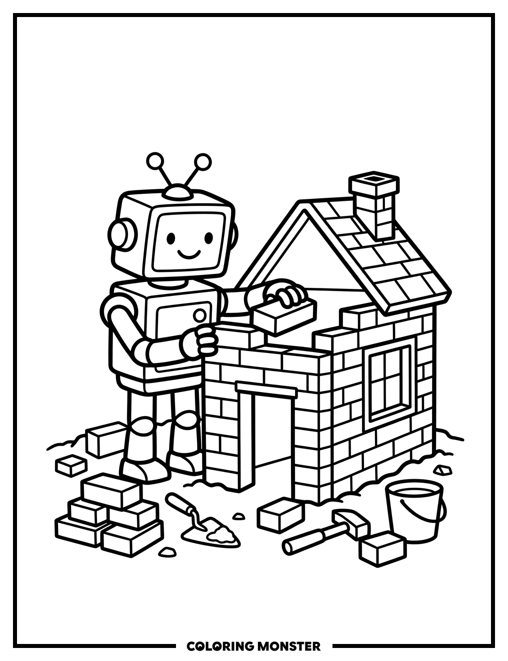 Friendly Robot Builds a House Coloring Page