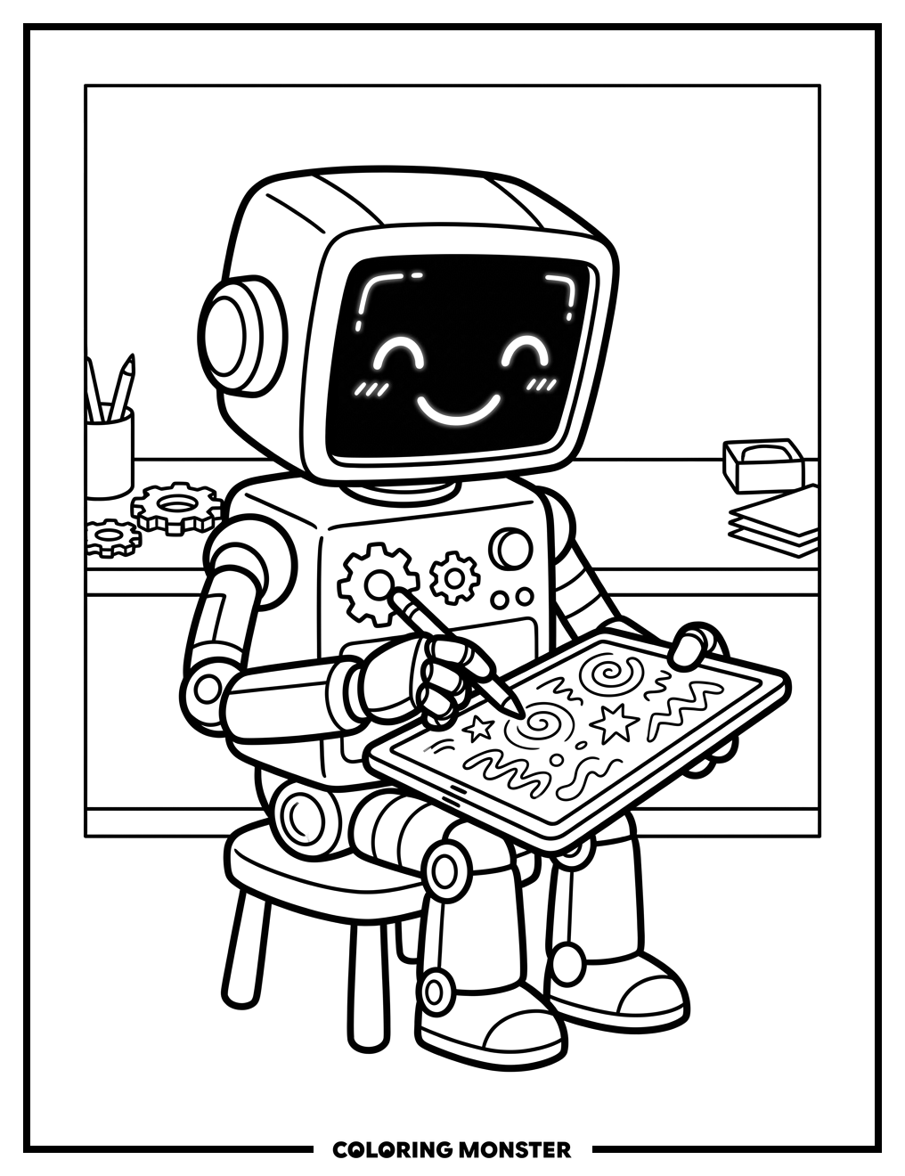Friendly Robot Drawing Abstract Shapes Coloring Page