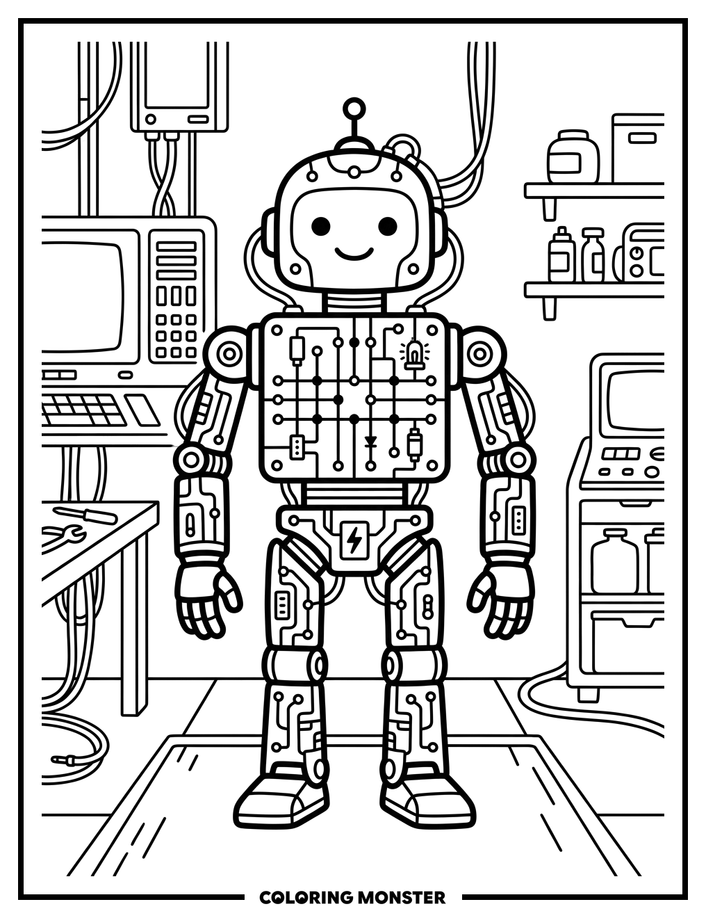 Friendly Robot in Futuristic Workshop Coloring Page