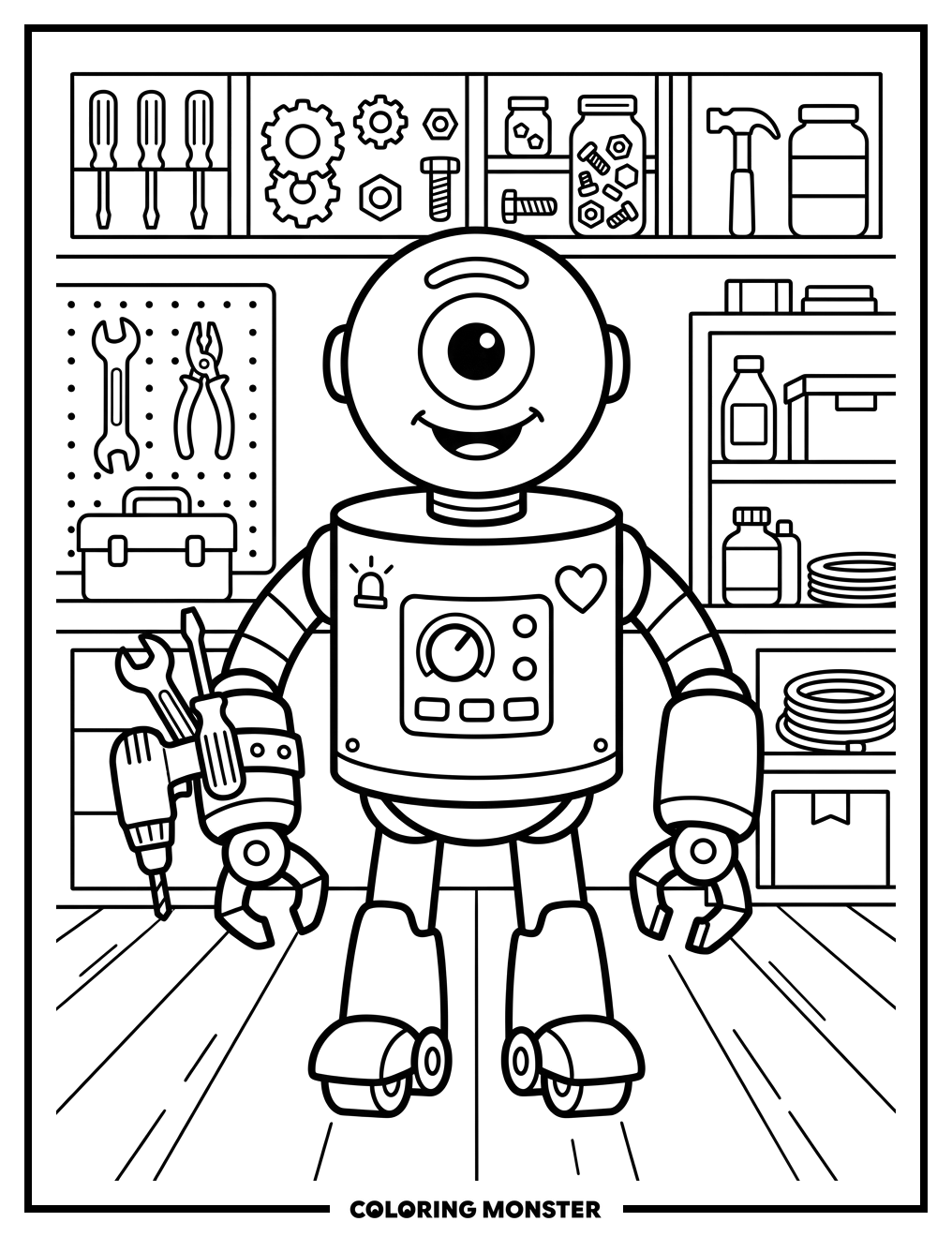 Friendly Robot in Workshop Coloring Page