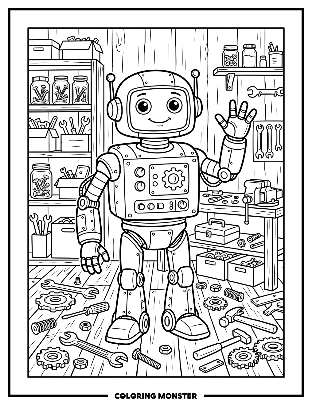 Friendly Robot in Workshop Coloring Page